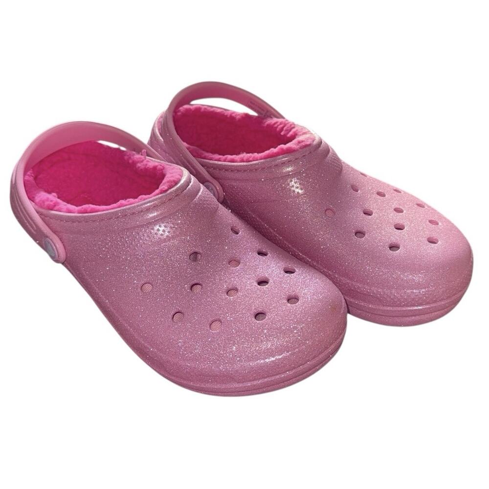 Crocs Youth Girls Slip-on Lined Clogs Pink Glitter Faux Fur Fuzzy Warm SZ/6 J